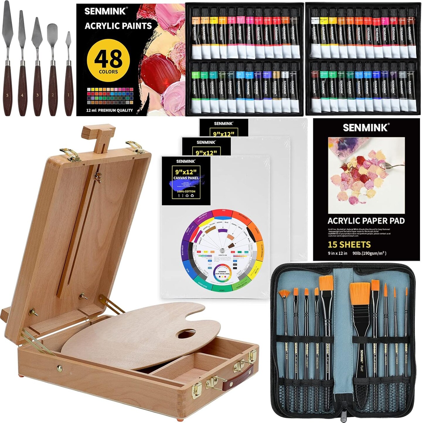 69 Pcs Artists Painting Set with Wood Box Easel48×12ML Acrylic Painting Set, Canvas 9x12 inches