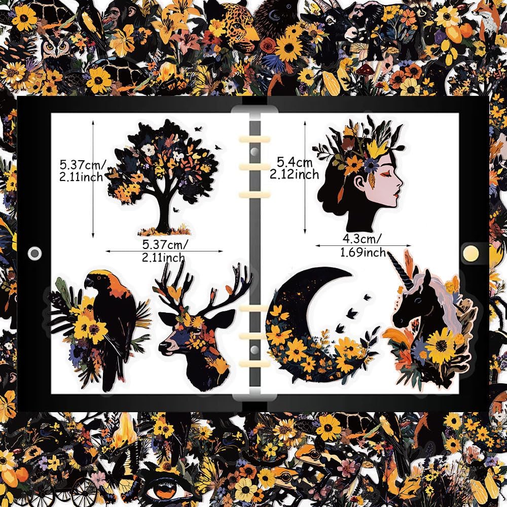 50 Pcs Vintage Boho Nature Scrapbook Stickers (Black Wildlife) 2.1 x 1.8 x 0.04 inches