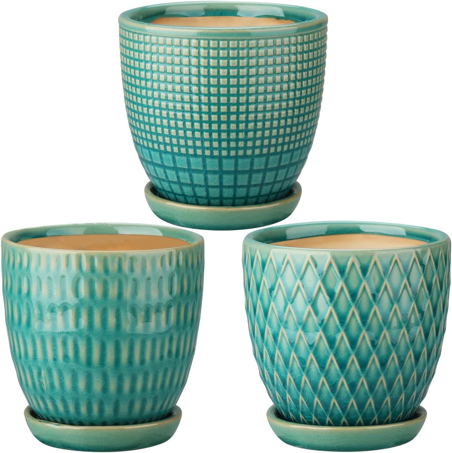 3 Set Ceramic Planters with Drainage Hole and Ceramic Tray Set (Teal)