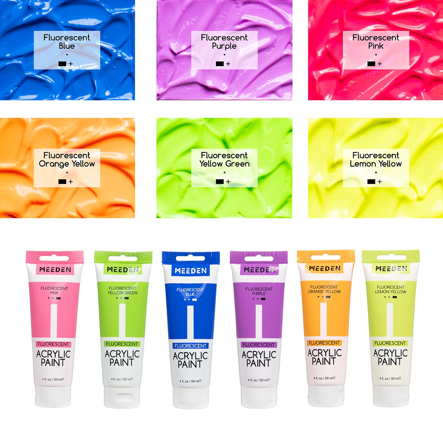 MEEDEN Fluorescent Acrylic Paint, 6 Colors Heavy Body Acrylic Paint, 120 ml/4.06 oz Tubes,Neon Paint, Acrylic Paint Set, Rich Pigments Non-Toxic Art Paints for Artists, Adults &#x26; Beginners
