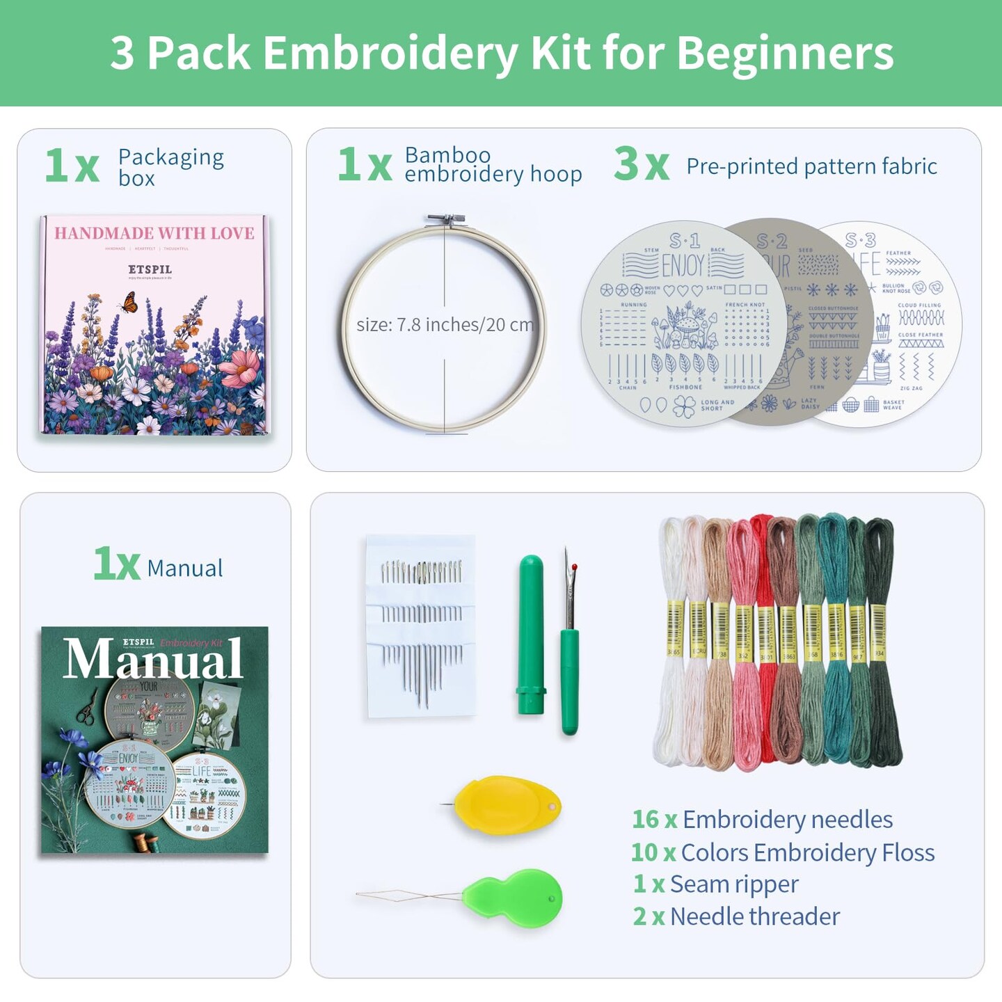 ETSPIL Embroidery Kit for Adult Beginners, 3-Pack 33-Stitch Practice Samplers, Pre-Stamped Patterns, 7.8-Inch Hoop, Threads &#x26; Needles, Step-by-Step Guide &#x26; Video, DIY Needlework Craft Gift for Women