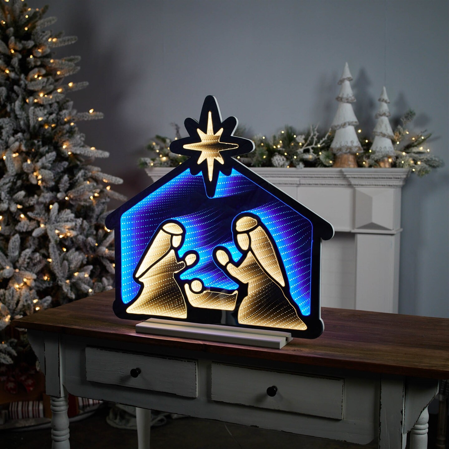 Melrose LED Lighted Nativity Scene Christmas Infinity Mirror - 24.75" - Blue and White