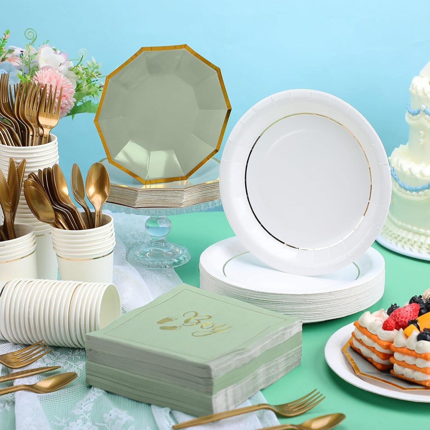 400 Pcs Baby Shower Dinnerware for 50 Guest Baby Shower,(Green,Baby Boy)
