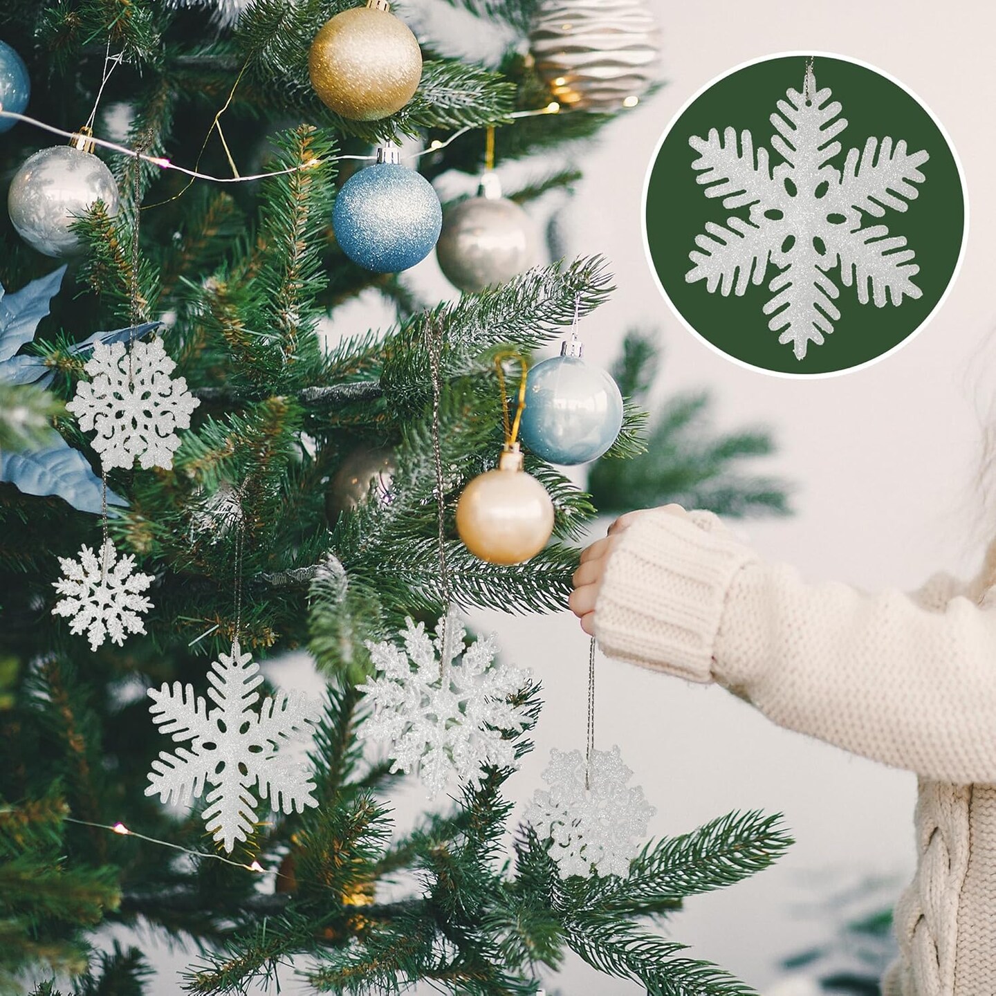 48pcs White Plastic Glitter Snowflakes Hanging Ornaments - White