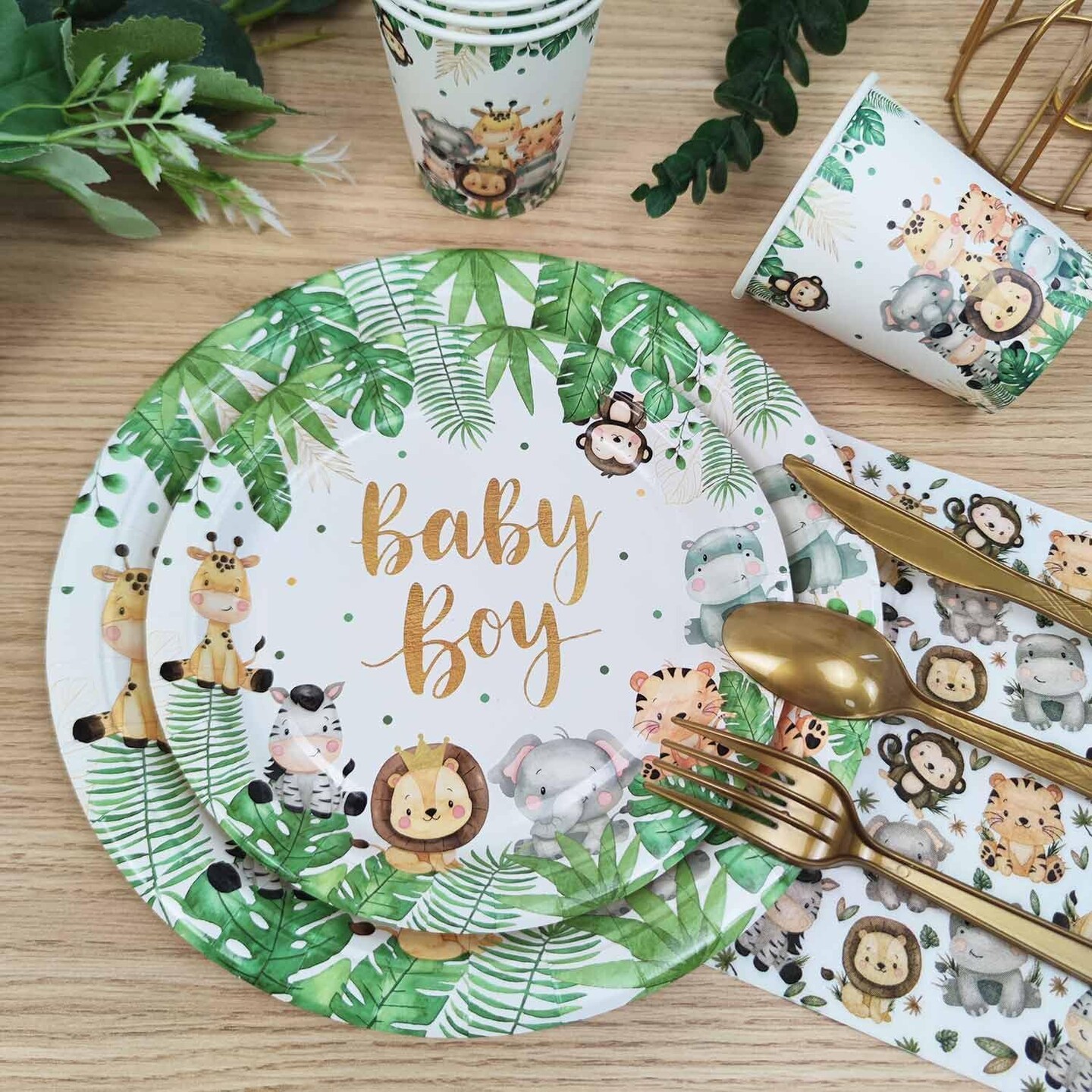 175Pcs Safari Baby Shower Decorations & Plates Set - Serves 25 Guests