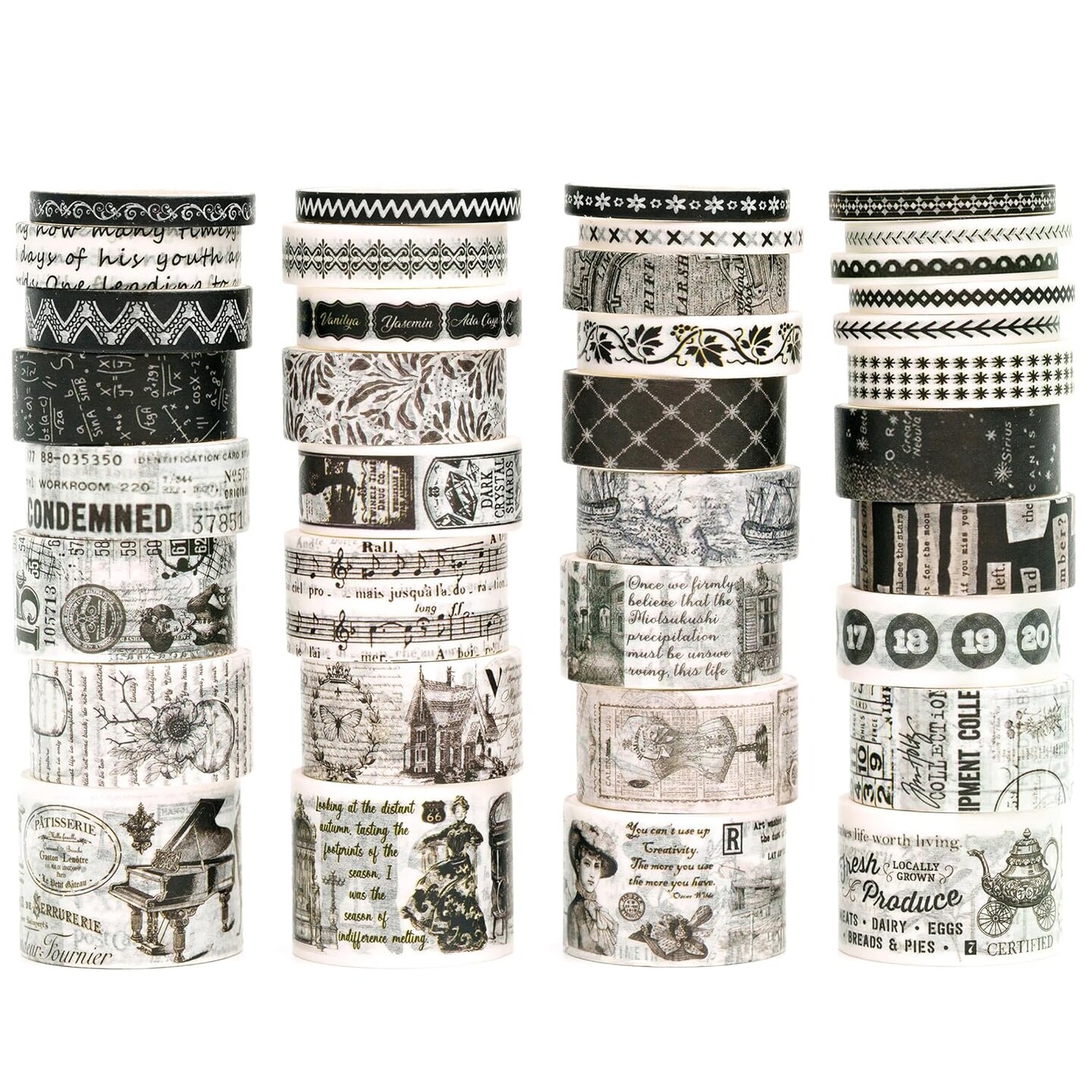 36 Rolls Vintage Washi Tape (Black &#x26; White Light)