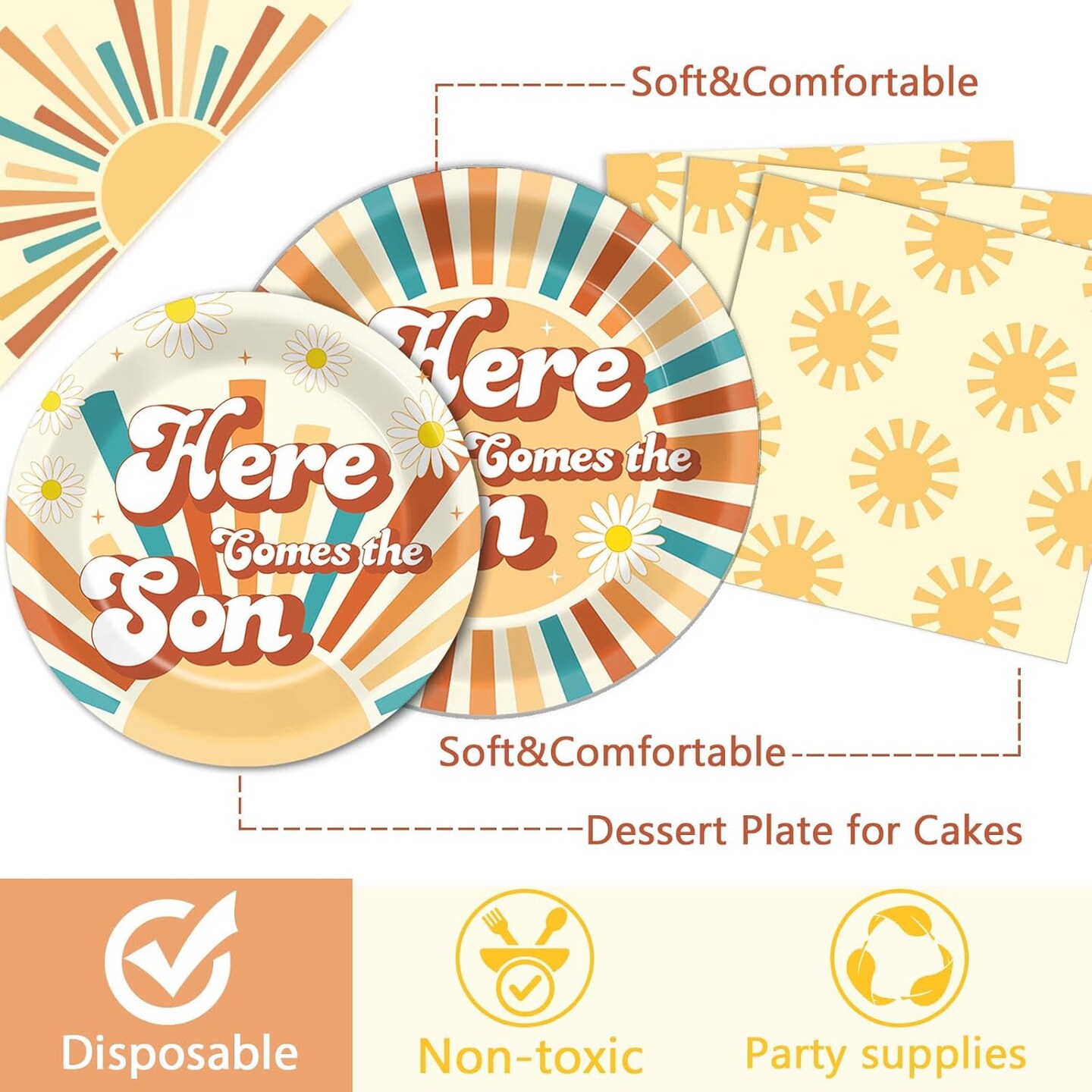 96 Pcs Here Comes the Son Baby Shower Tableware Set 24 Guests (Gold)