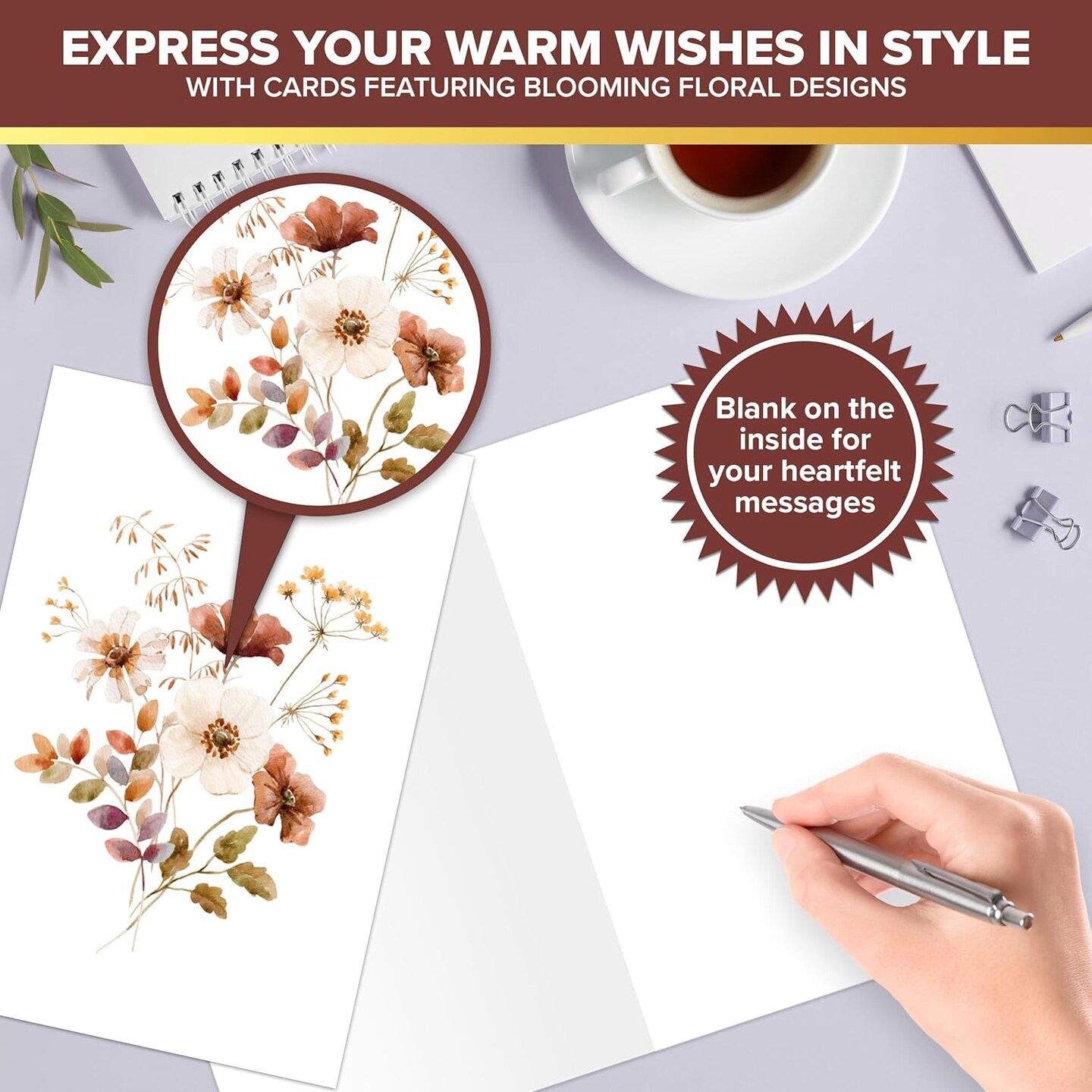50 Pack 4x6in Blank Floral Cards with Envelopes and Stickers