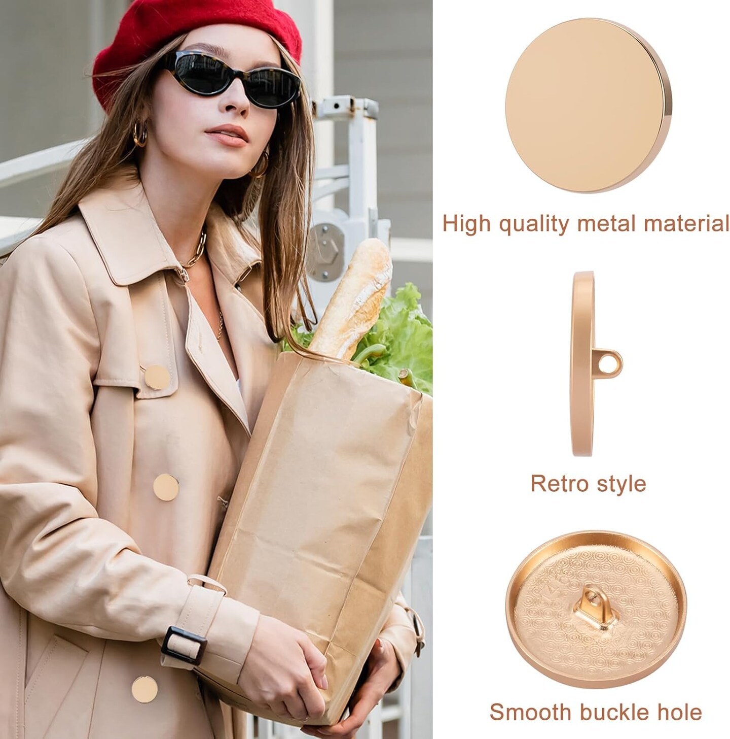 10 pcs 0.7 inch/18 mm in Hand-Stitched Gold Coloured Metal Buttons