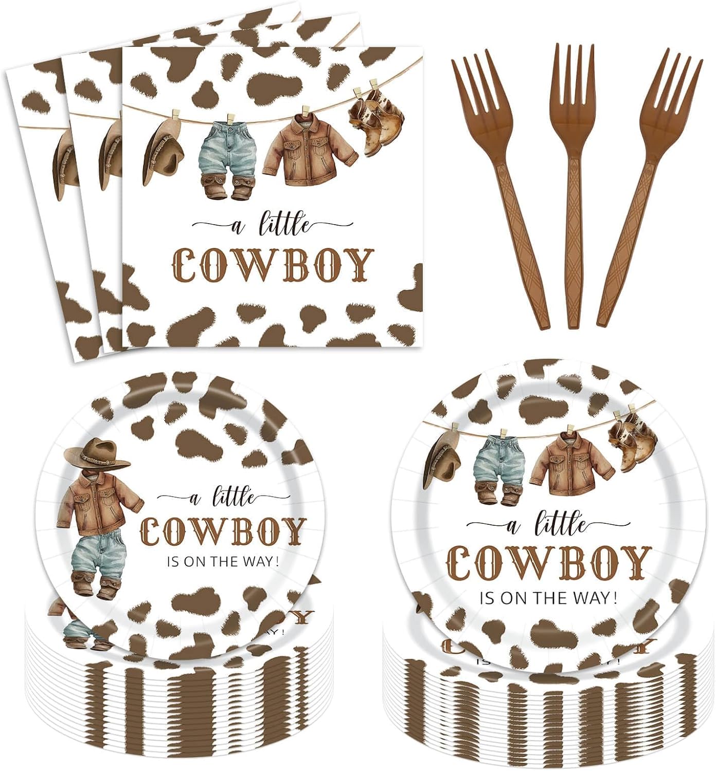 96 Pcs Western Cowboy Baby Shower Tableware - 24 Guests (Mixed Animal Print Colors)