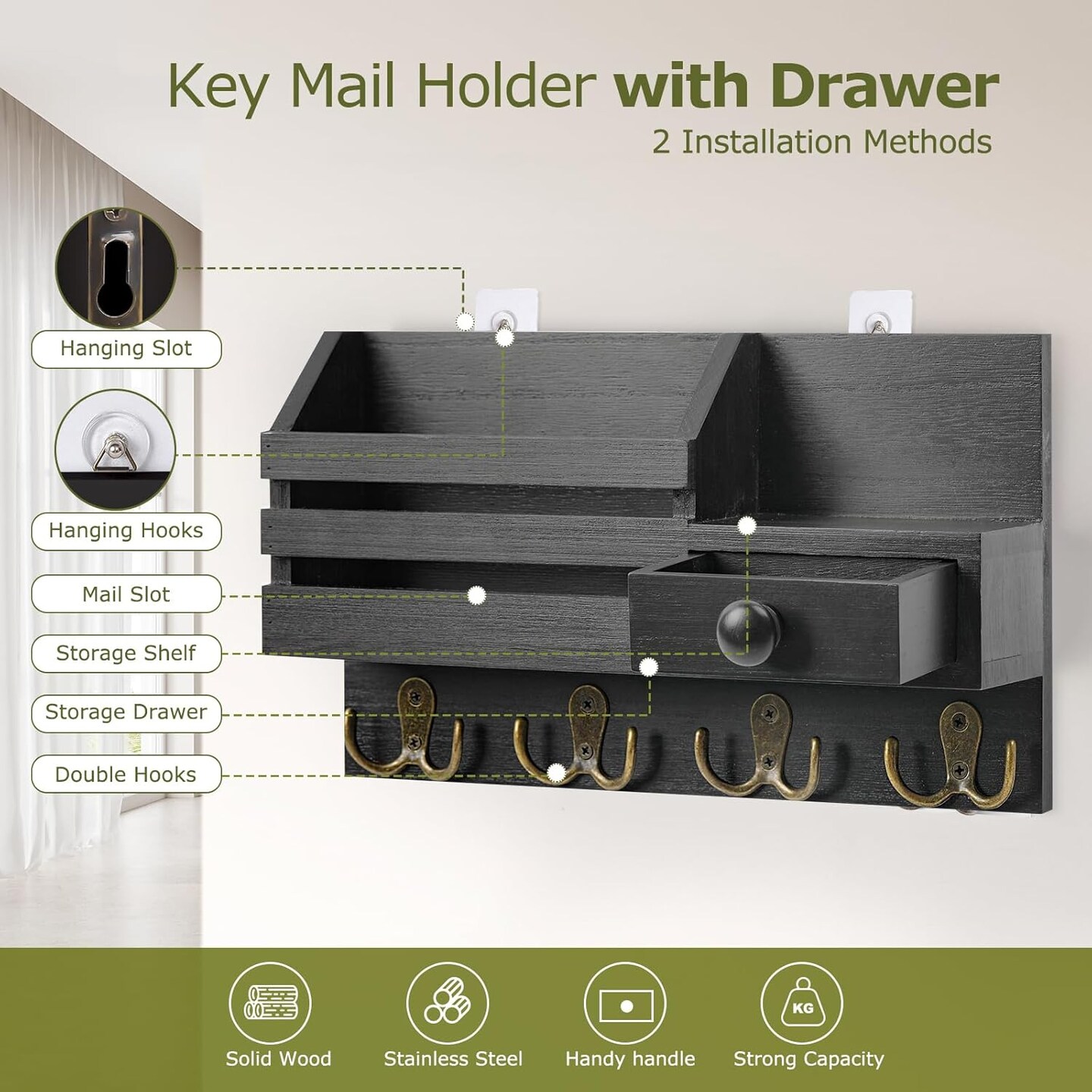 Key Holder Wall Mount – Wooden Mail and Key Organizer with Drawer, Small Shelf, 8 Hooks, 2 Installation Methods, Black