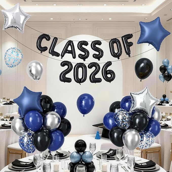 2026 Graduation Balloons Set, Black and Blue Silver Graduation Party Decorations Class of 2026 Balloons with Star Foil Balloon for Preschool High School College Congrats Grad Party Decorations