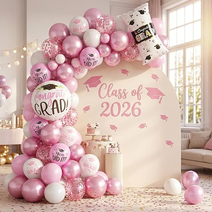Pink Graduation Balloons, Grad Round Foil Balloons, Metallic Confetti Pink White Balloon for Congrats Graduation Party Decorations Backdrop