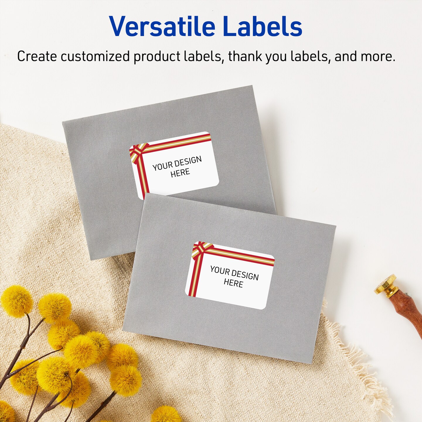 Avery Printable Labels with Sure Feed Technology, Rectangle, 2" x 3", Pre-Printed Red & Metallic Gold Gift Bow Design, Matte White, Laser & Inkjet Compatible, 80 Total