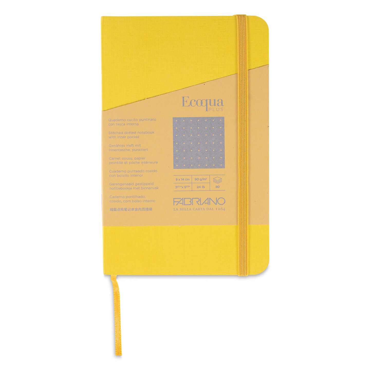 Fabriano EcoQua Plus Stitch-Bound Notebook - Yellow, 3-1/2" x 5-1/2", Dot Grid