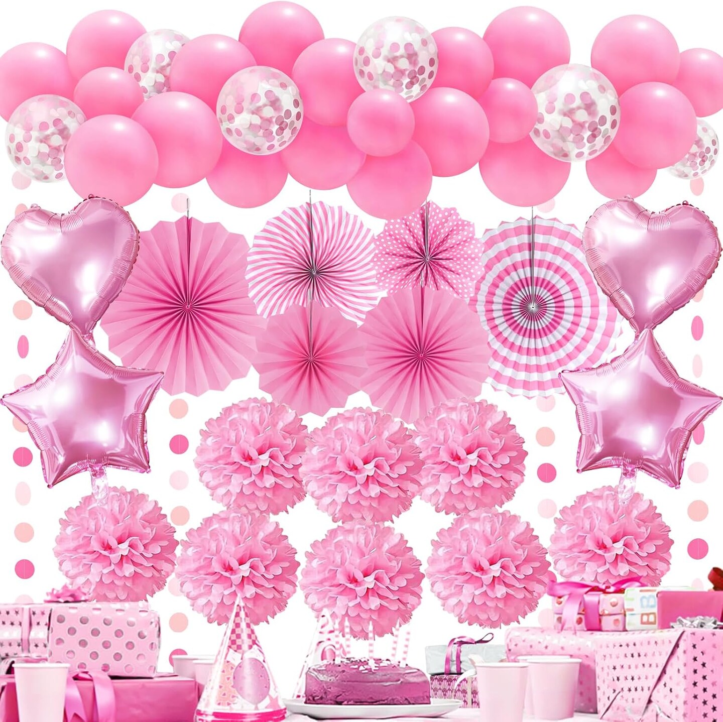 Pink Paper Pompom & Balloon Garland – Party Decorations for Birthday, Baby Shower, Bachelorette & Wedding