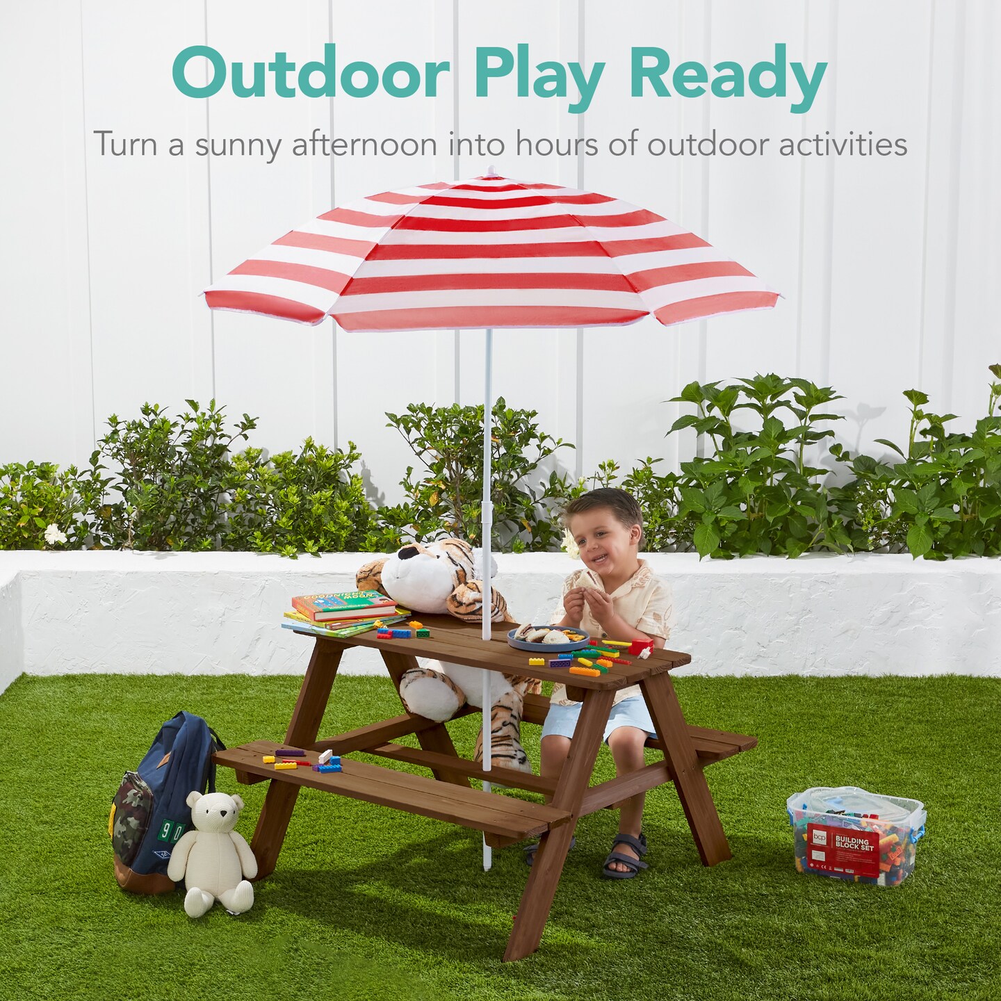 Best Choice Products Kids Wooden Picnic Table, Outdoor Activity Table w/ Adjustable Umbrella, Seats