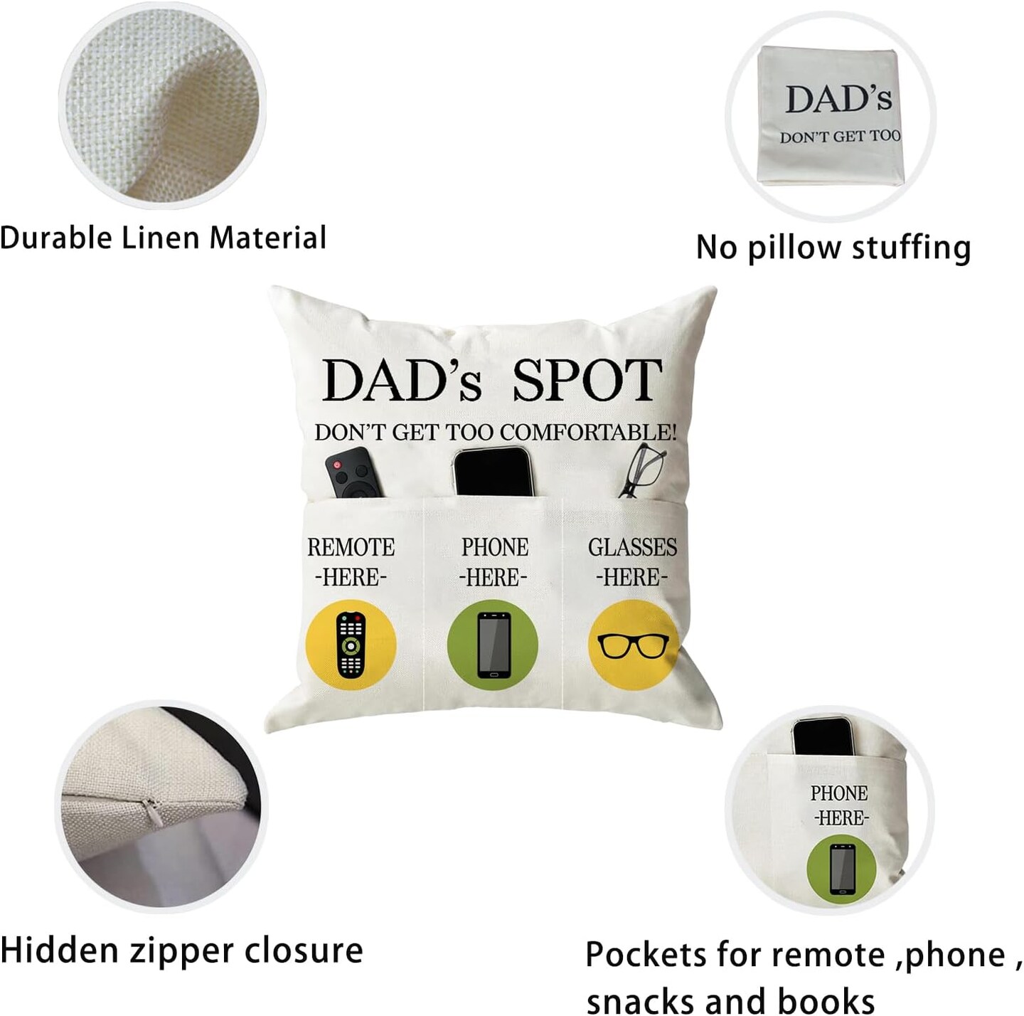 Father&#x27;s Day Throw Pillow Case, Dad&#x27;s Spot Throw Pillow Covers 18 x 18 Inch&#xFF0C;Dad Gifts from Daughter Son&#xFF0C;Birthday Christmas Thanksgiving Day Gifts for Papa Stepdad &#xFF0C;3-Pocket