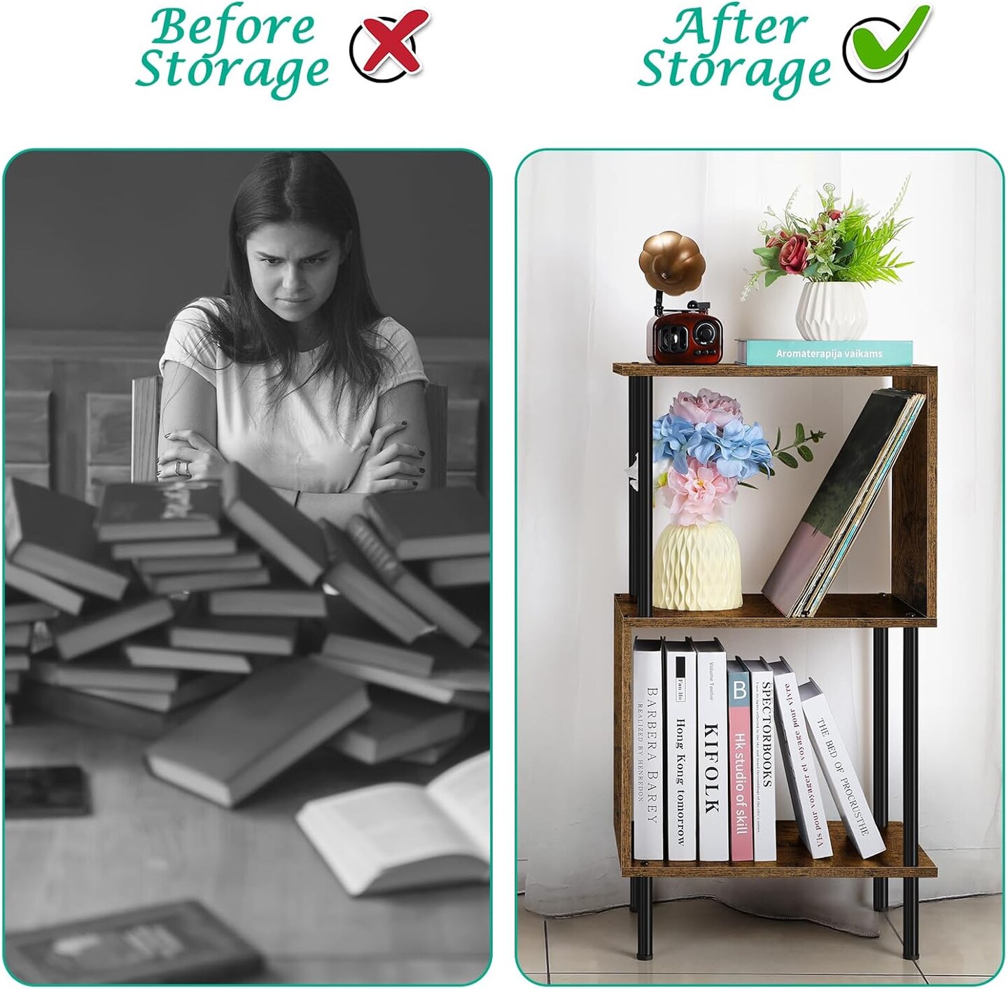 3-Tier S-Shaped Narrow Bookshelf &#x2013; Compact Bookcase with Anti-Tip Kit, Farmhouse &#x26; Modern Home Office Storage (15.7&#x201D;x11.8&#x201D;x31.8&#x201D;)