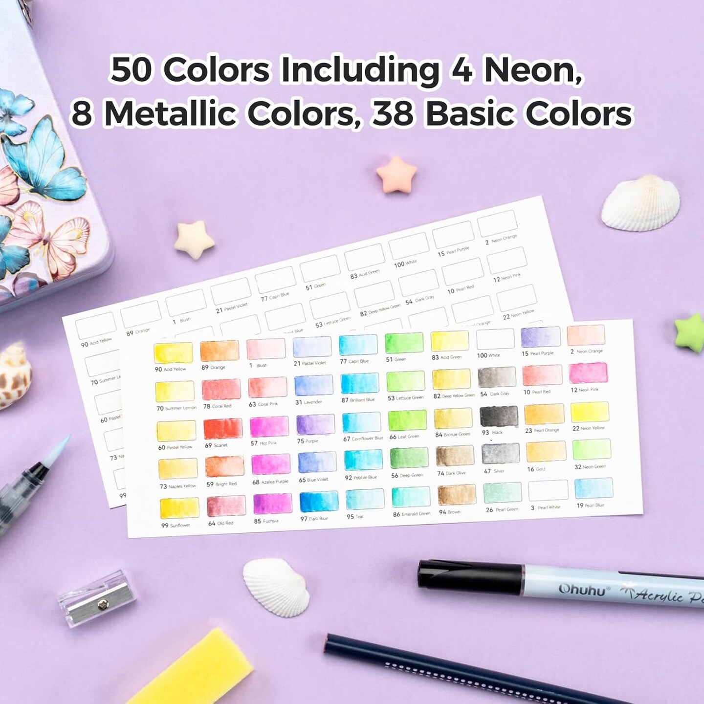 Ohuhu Watercolor Travel Paint Set, Portable Watercolor Kit for Outdoors 50-color with Watercolor Papers, Brush Pen, Acrylic Pen, Pencil and Accessories for Painting, Non-toxic Watercolors Paint for Artists Adults Beginners Kids Gift Idea