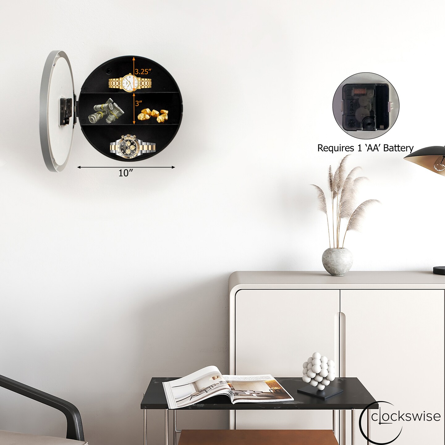 Wall Mounted Plastic Clock with Hidden Storage Door - Secret Interior Compartment, Hidden Safe for Storing Valuables