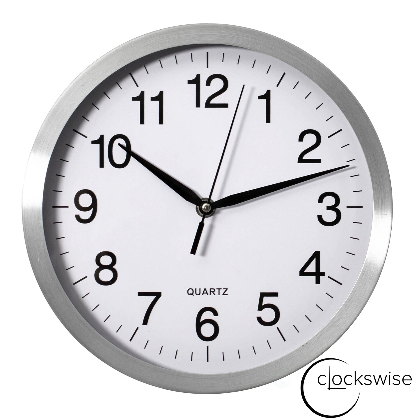 Clockswise Round Quartz Wall Clock Non-Ticking Battery Operated with Silent Sweep Movement, Aluminum Silver Frame, Perfect for Home Kitchen Office Living Room Study Hallway Classroom, Black Face