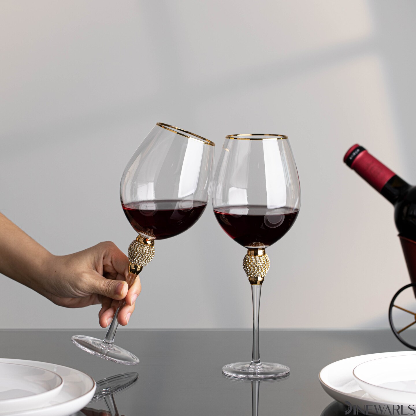 Rimmed Red Wine Glasses with Diamond Rhinestone Accent - 18 oz, 10 Inches Tall - Perfect Toasting Glasses for Bride and Groom, Great for Party, Wedding Anniversary and Special Occasion