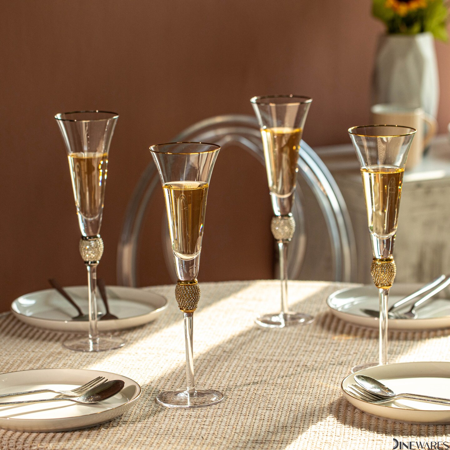 Elegant Crystal Set Wedding Champagne Glasses with Diamond Rhinestone Accents and a Polished Rim - 11 in Tall with Slender Long Stems, 7 oz - Chic Toasting Set for the Bride and Groom