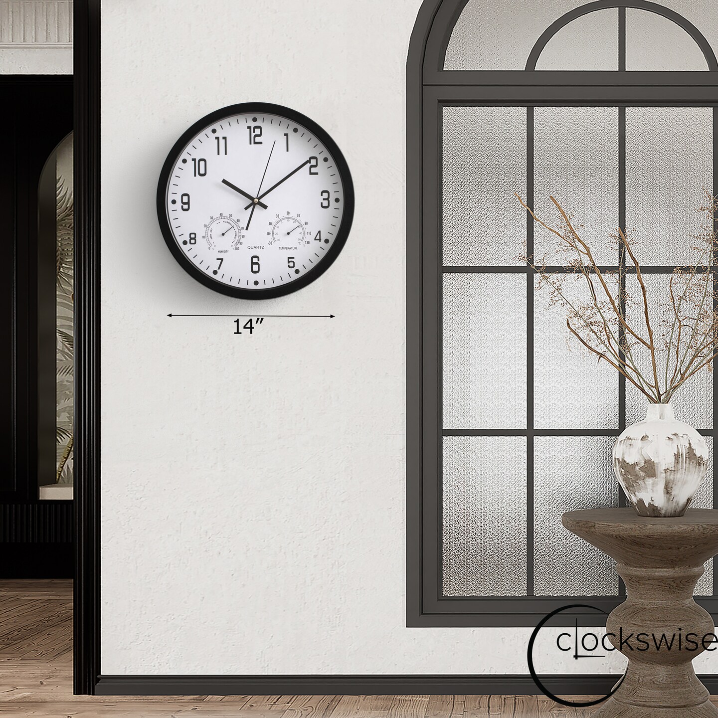 Clockswise Non-Ticking Quartz Wall Clock with Thermometer & Hygrometer - Battery Operated Plastic Analog Clock for Temperature & Humidity Monitoring - Ideal for Home, Office or School, Black