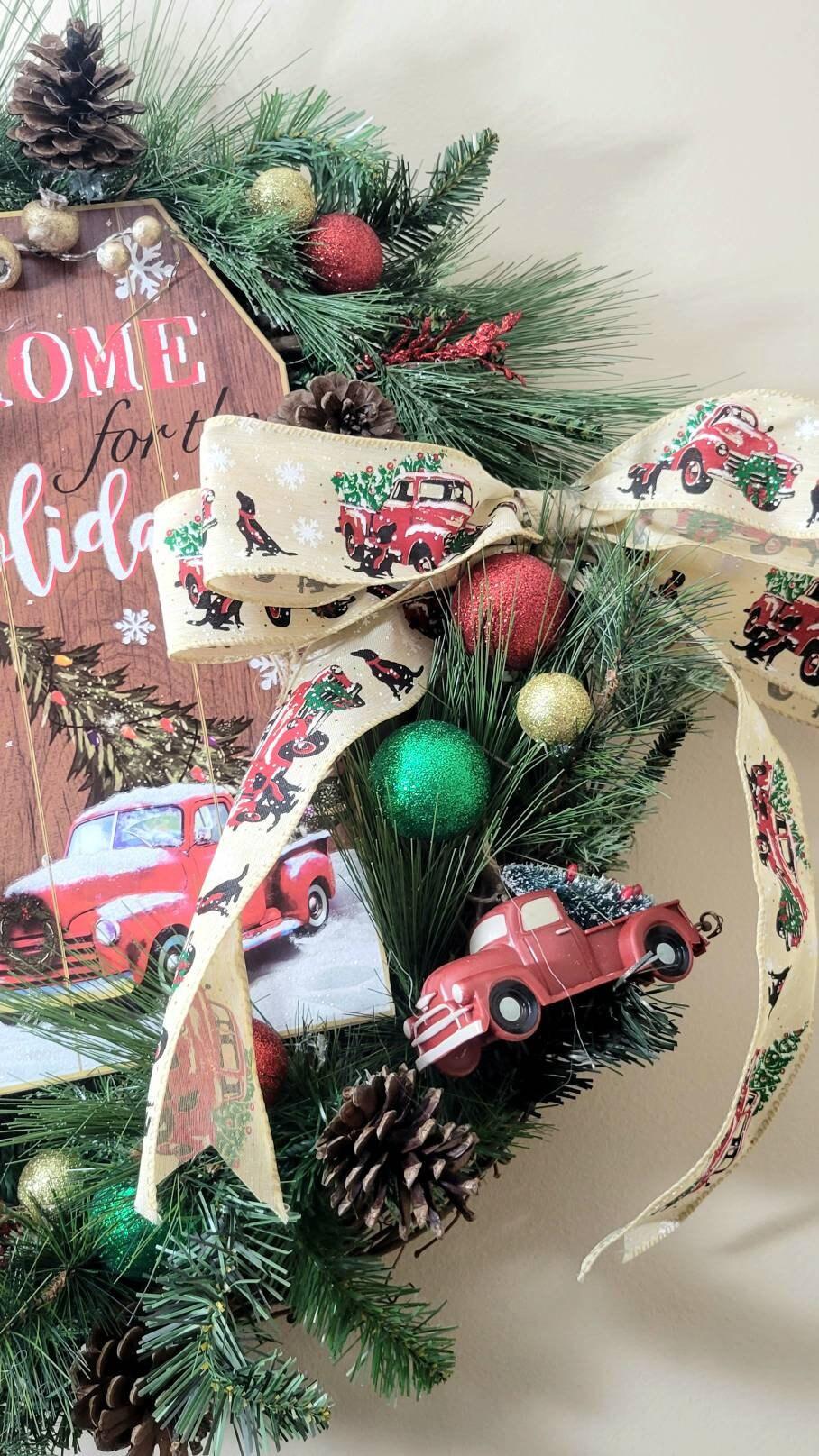 Buy Red Truck Christmas Wreath, Christmas Door Decor, Holiday Decor, Red Truck Wreath, Greenery Wreath, Farmhouse Decor