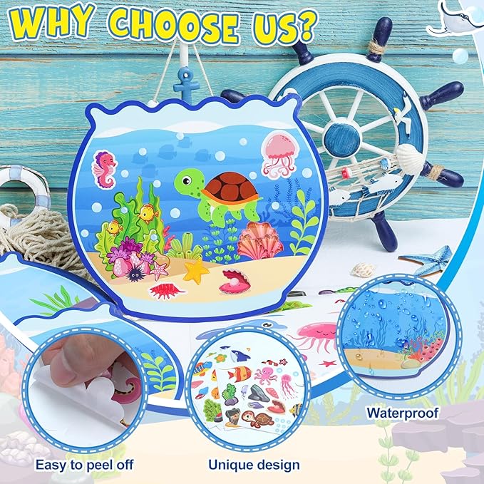 Summer Craft Kits for Kids Make A Ocean Animals Worlds Stickers Scene, Summer Craft Under The Sea Scene Sticker Shark Tropical Fish Sea Animal Bulk Set for Home Classroom Game Activities (24Set)