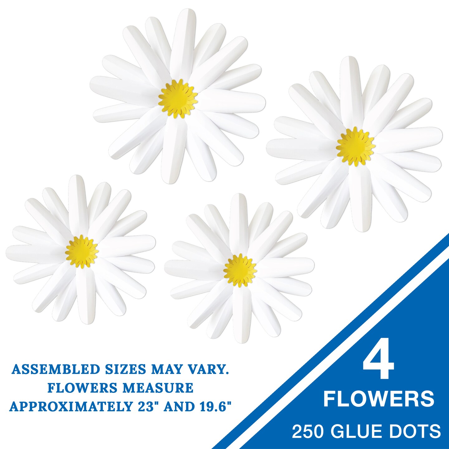 Happily Ever Elementary Retro Remix 4-Piece 3D Daisy Bulletin Board Decorations, Groovy Paper Flowers With Glue Point Dots for Baby Shower, Party, Wedding, and Classroom Decor