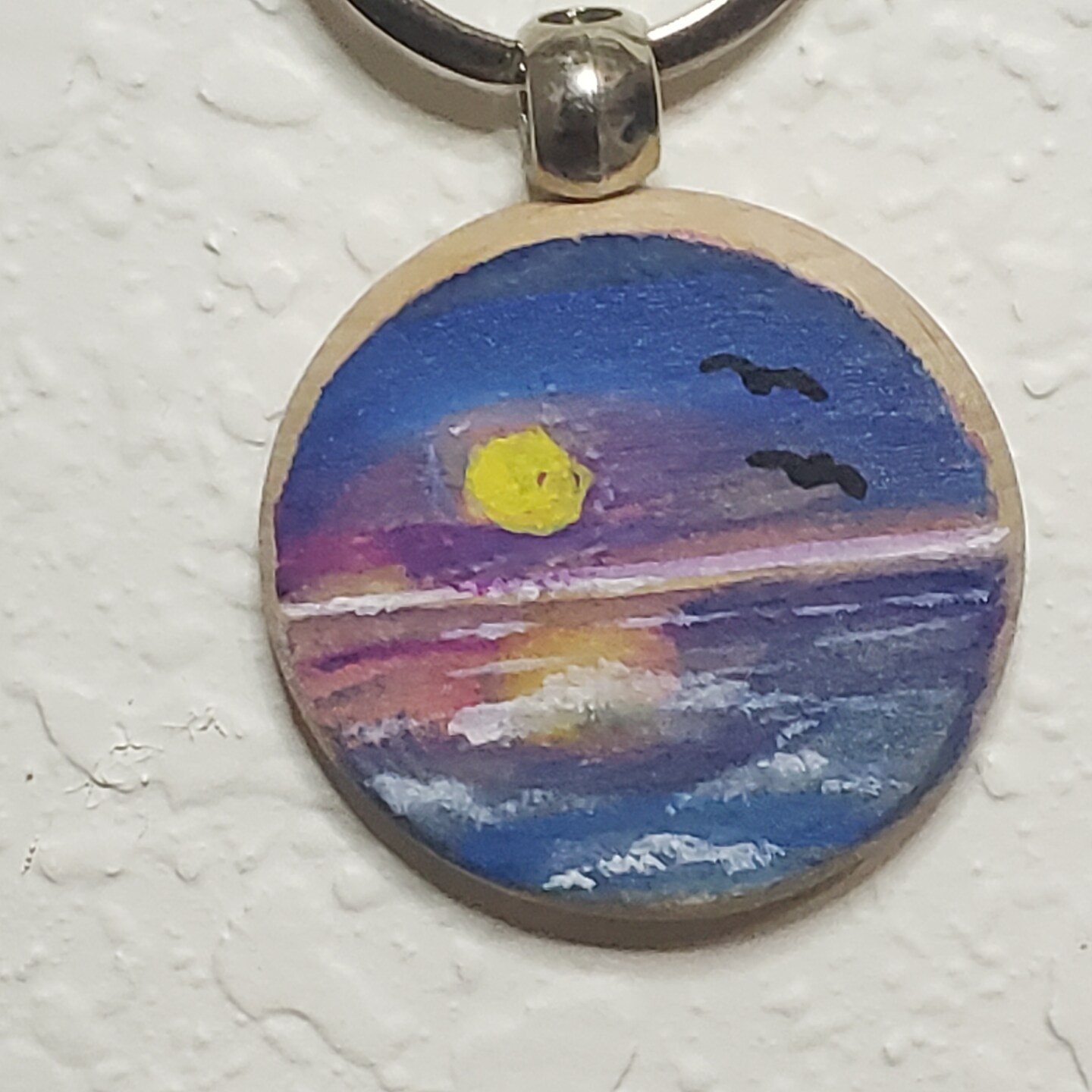 Hand painted wooden keychain - Purple Sky Sunset and Ocean