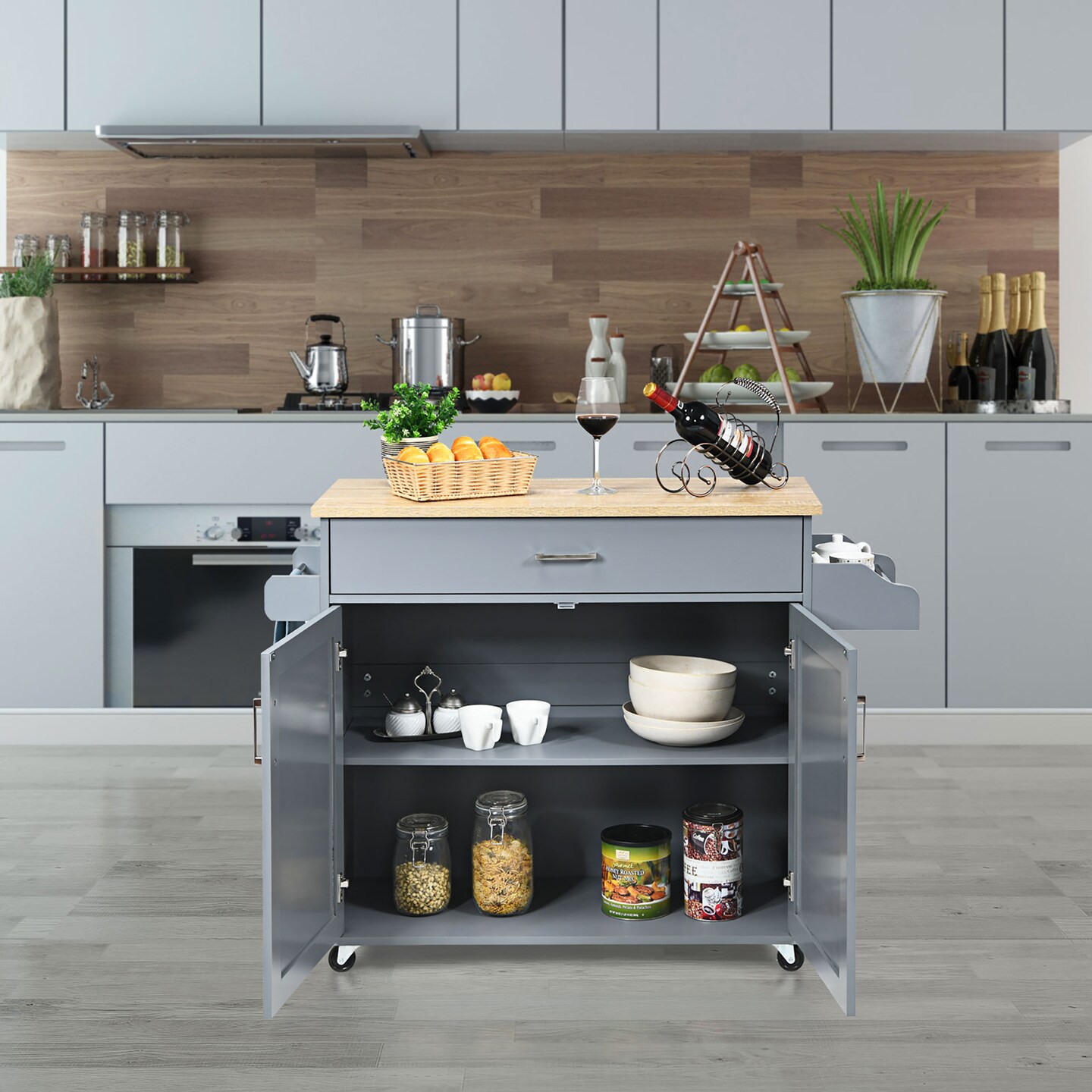Costway Rolling Kitchen Island Cart Storage Cabinet w/ Towel &#x26; Spice Rack White\Black\Cherry\Gray