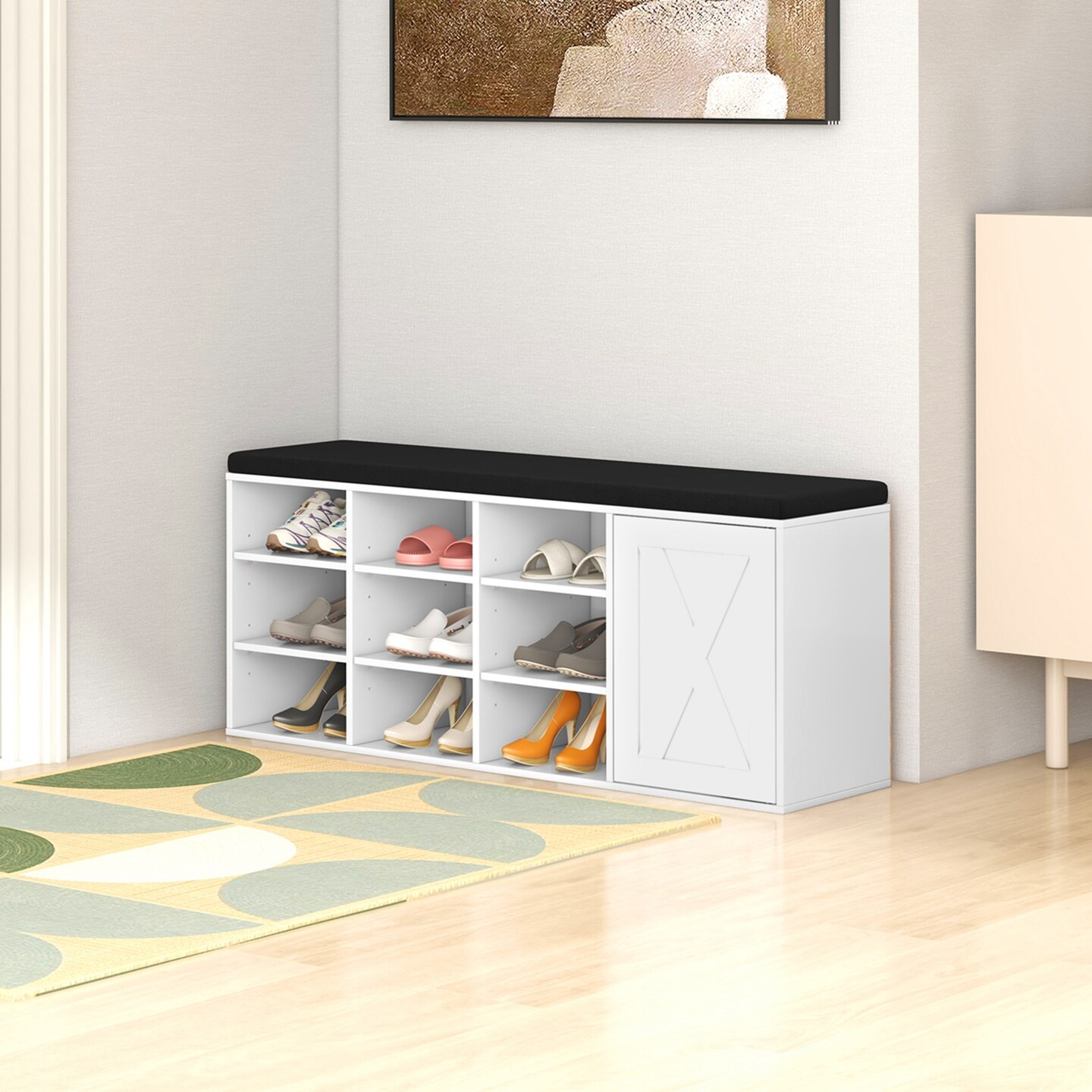 Costway Shoe Bench with Padded Cushion 9-cube Adjustable Storage Shoe Rack White/Grey/Rustic Brown