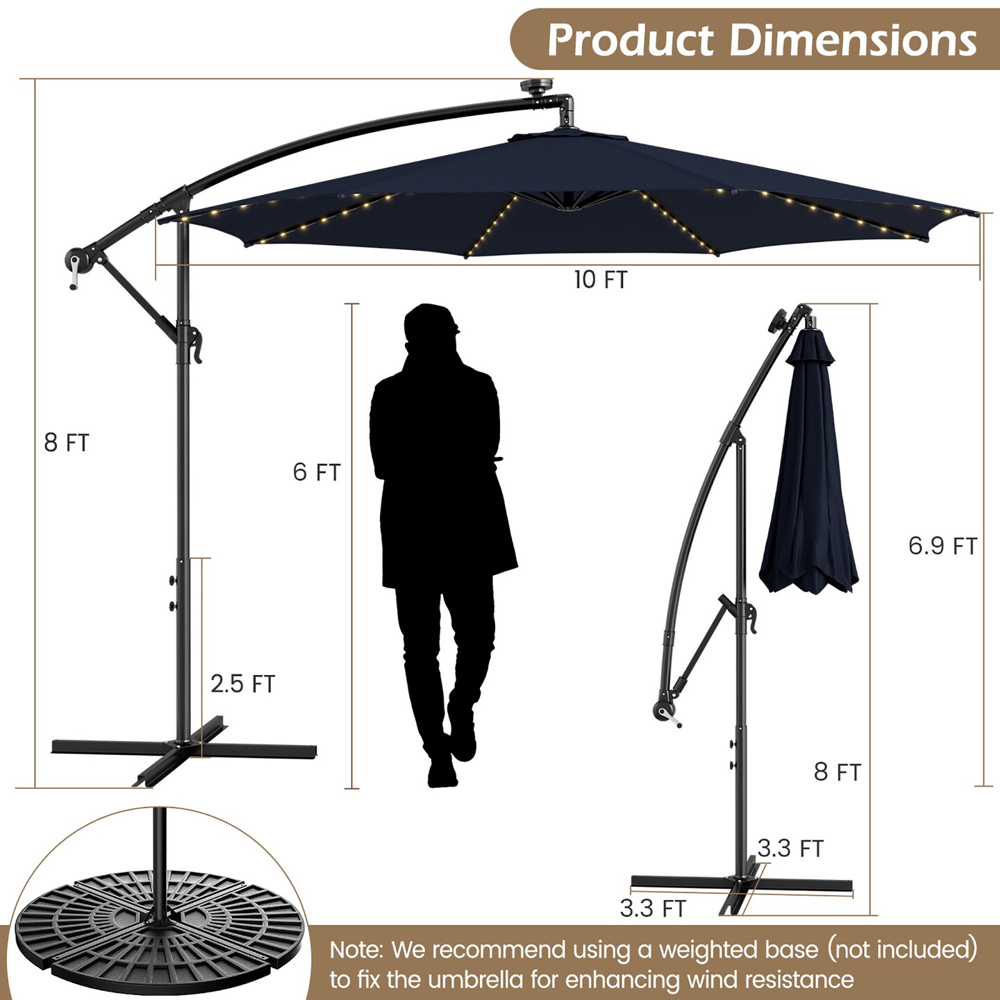 Costway 10FT Patio Solar-Lighted 112 LED Cantilever Offset Umbrella Crank Tilt Outdoor