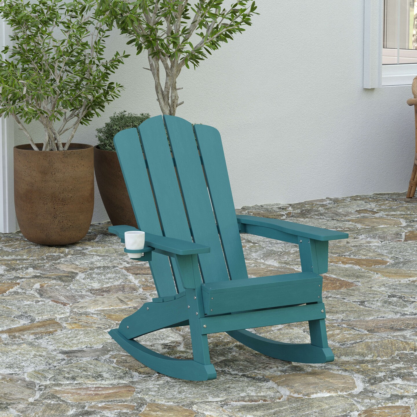 Merrick Lane Nassau Adirondack Rocking Chair with Cup Holder, All-Weather HDPE Indoor/Outdoor Chair