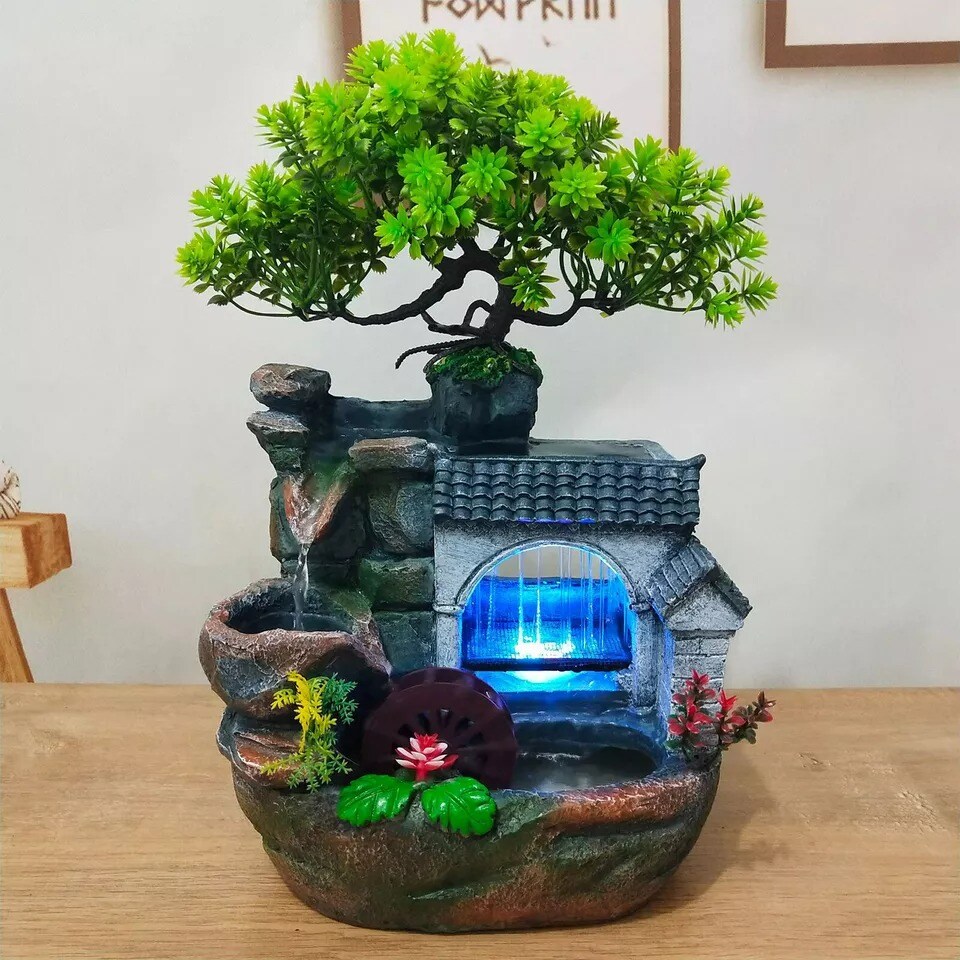 LED Desktop Water Fountain Waterfall Ornament w/ Pump Office Home Indoor Decor