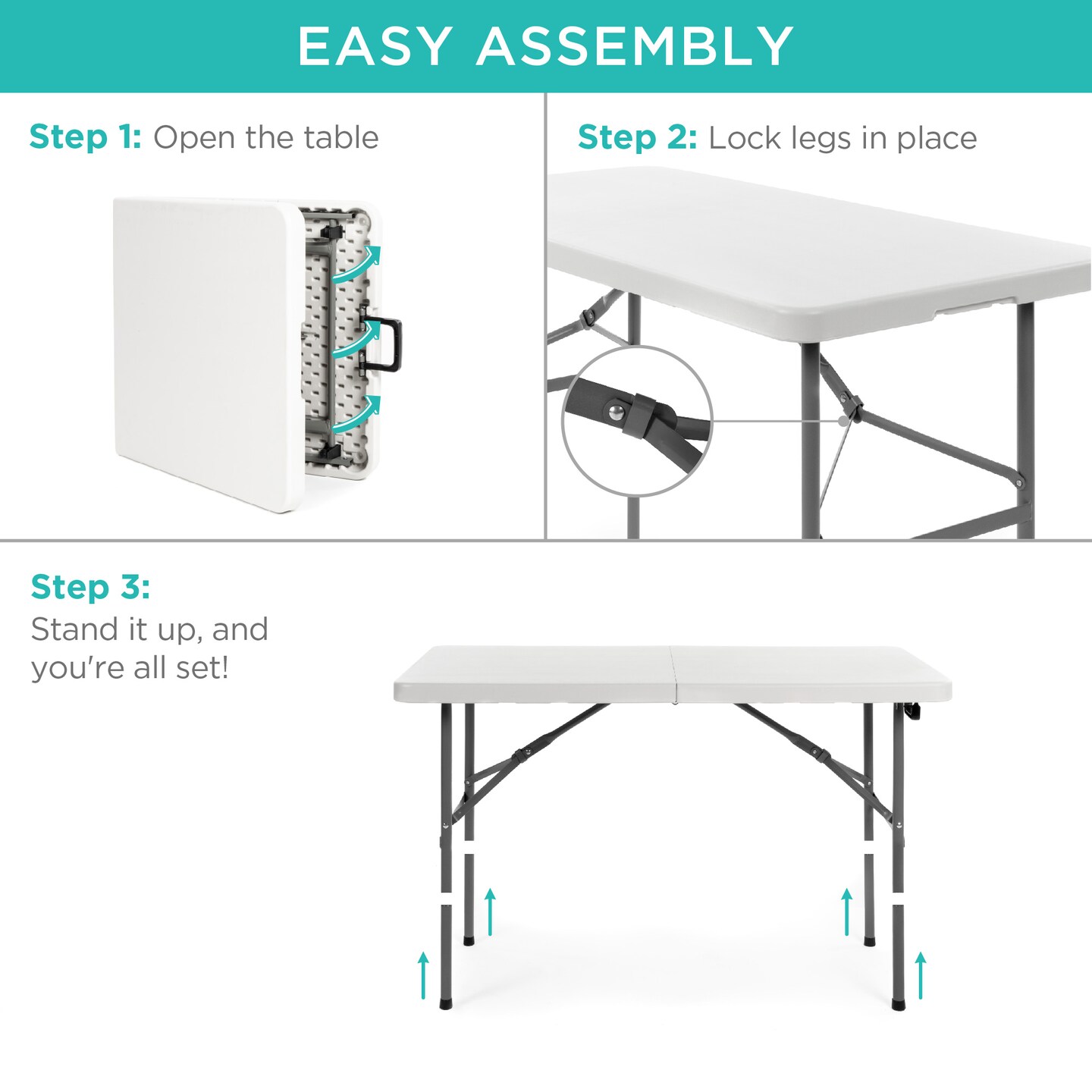 Best Choice Products 4ft Plastic Folding Table, Indoor Outdoor Heavy Duty Portable w/ Handle, Lock for Picnic