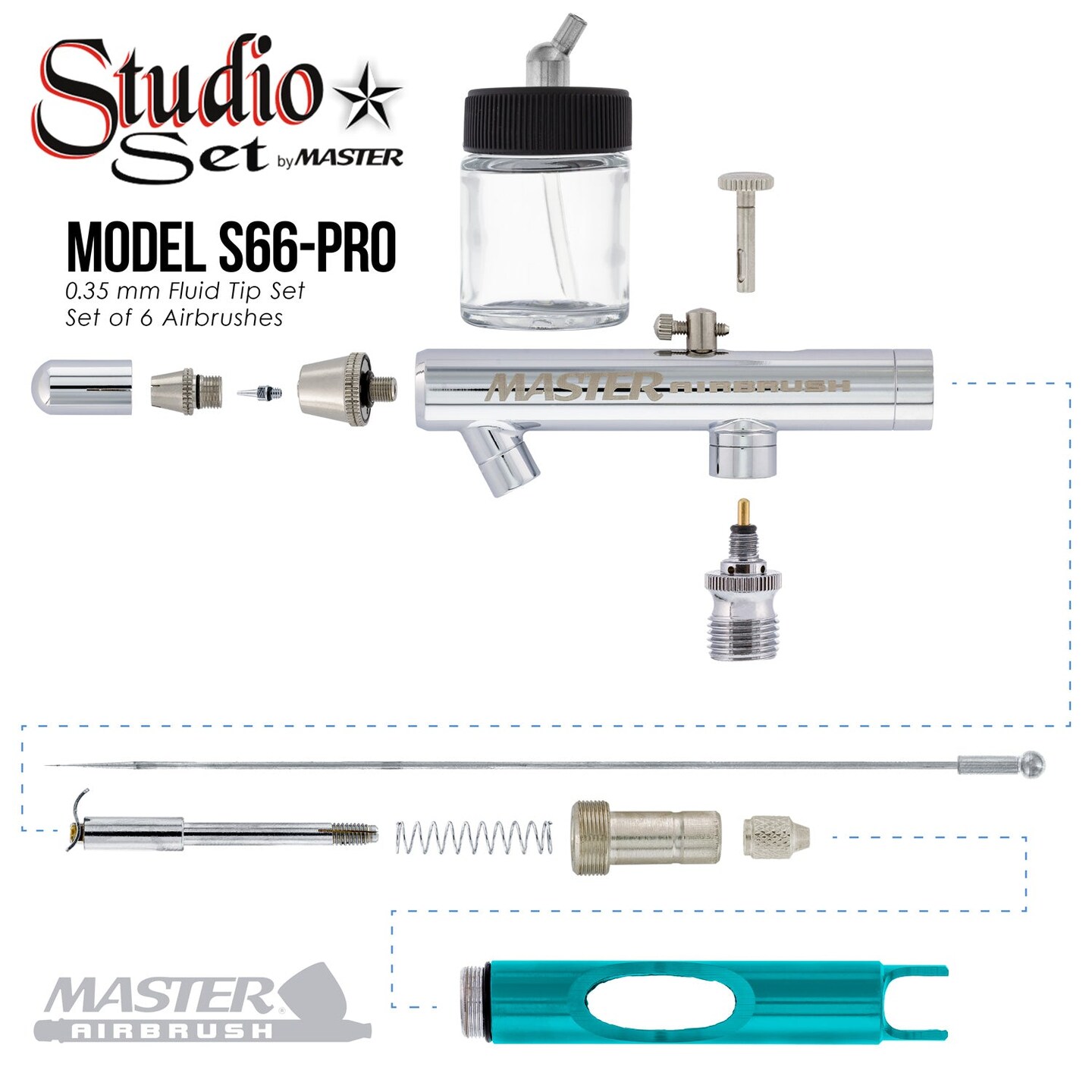 6 Master Performance S58 Dual-Action Siphon Feed Airbrushes with 0.35 mm Tips, 3/4 oz. Bottles, Color Coated Cutaway Handles &#x26; Storage Case