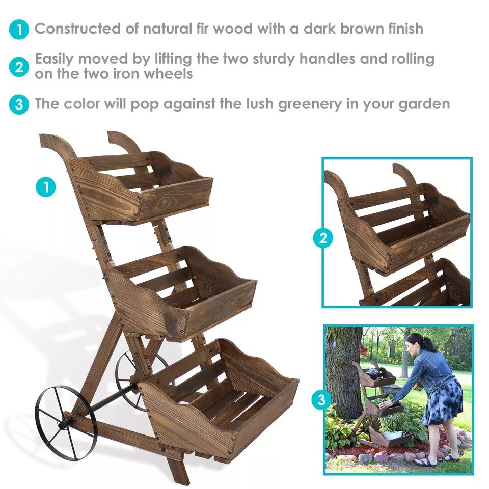 39.25 in 3-Tier Wood Rolling Planter Box with Iron Wheels - Brown