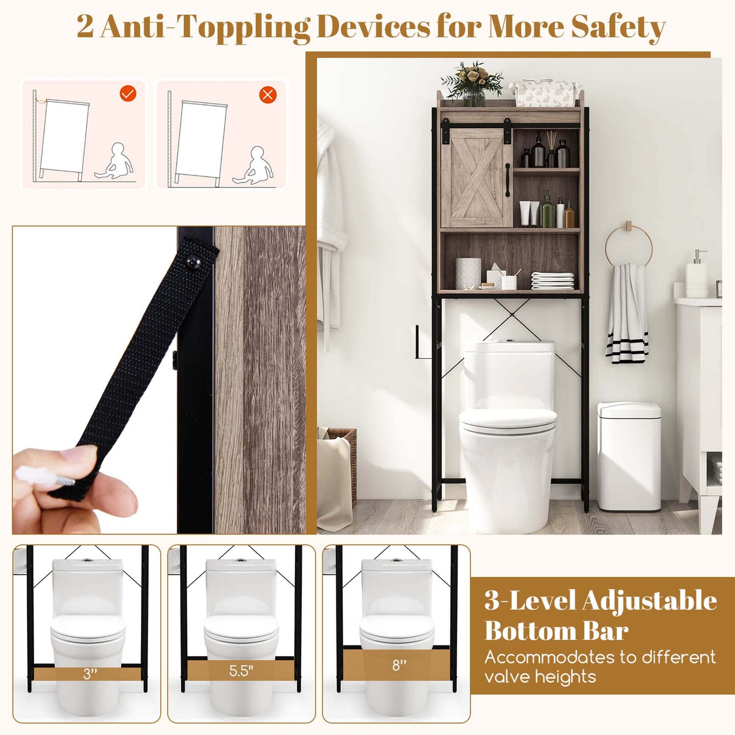 Costway Over-The-Toilet Storage Cabinet Bathroom Organizer w/ Sliding Barn Door Rustic Brown/Espresso/Grey