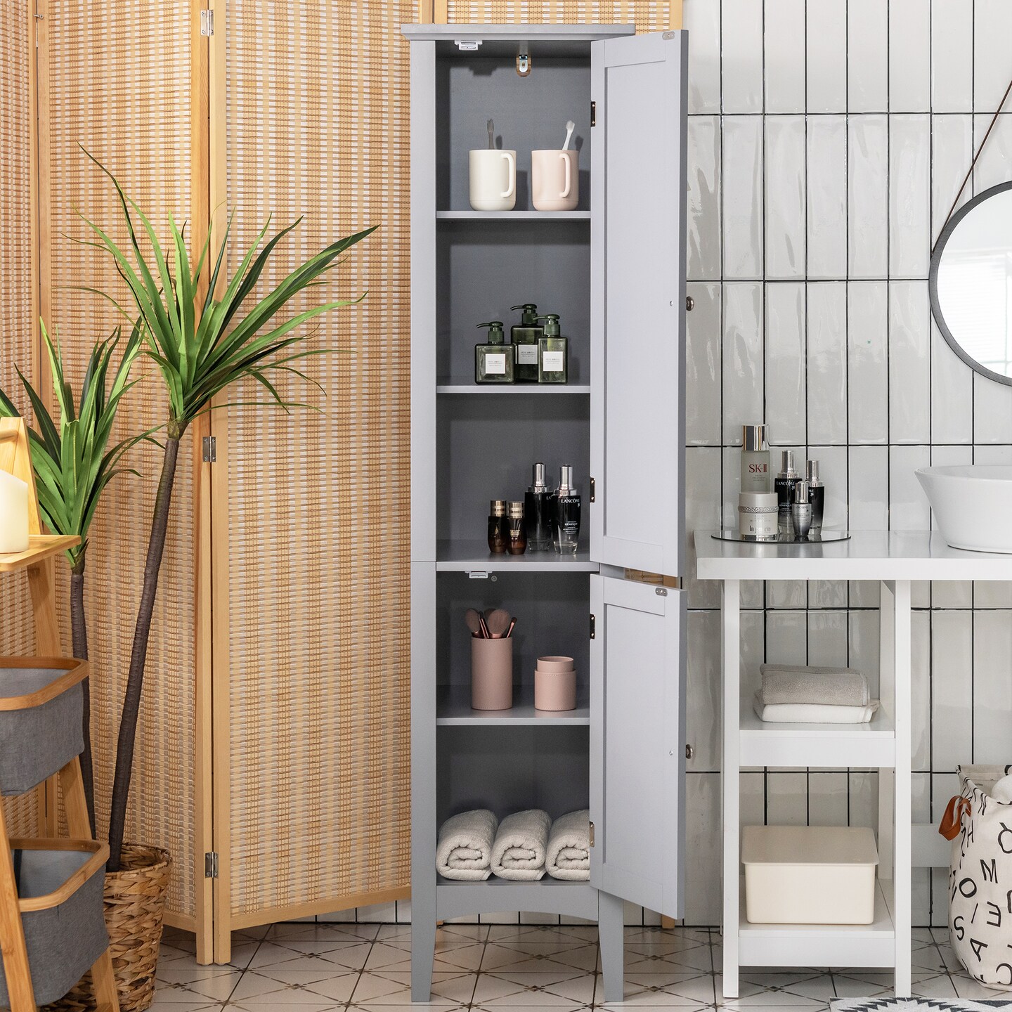 Costway Freestanding Bathroom Storage Cabinet Linen Tower Kitchen Living Room Grey\Black\Brown\White