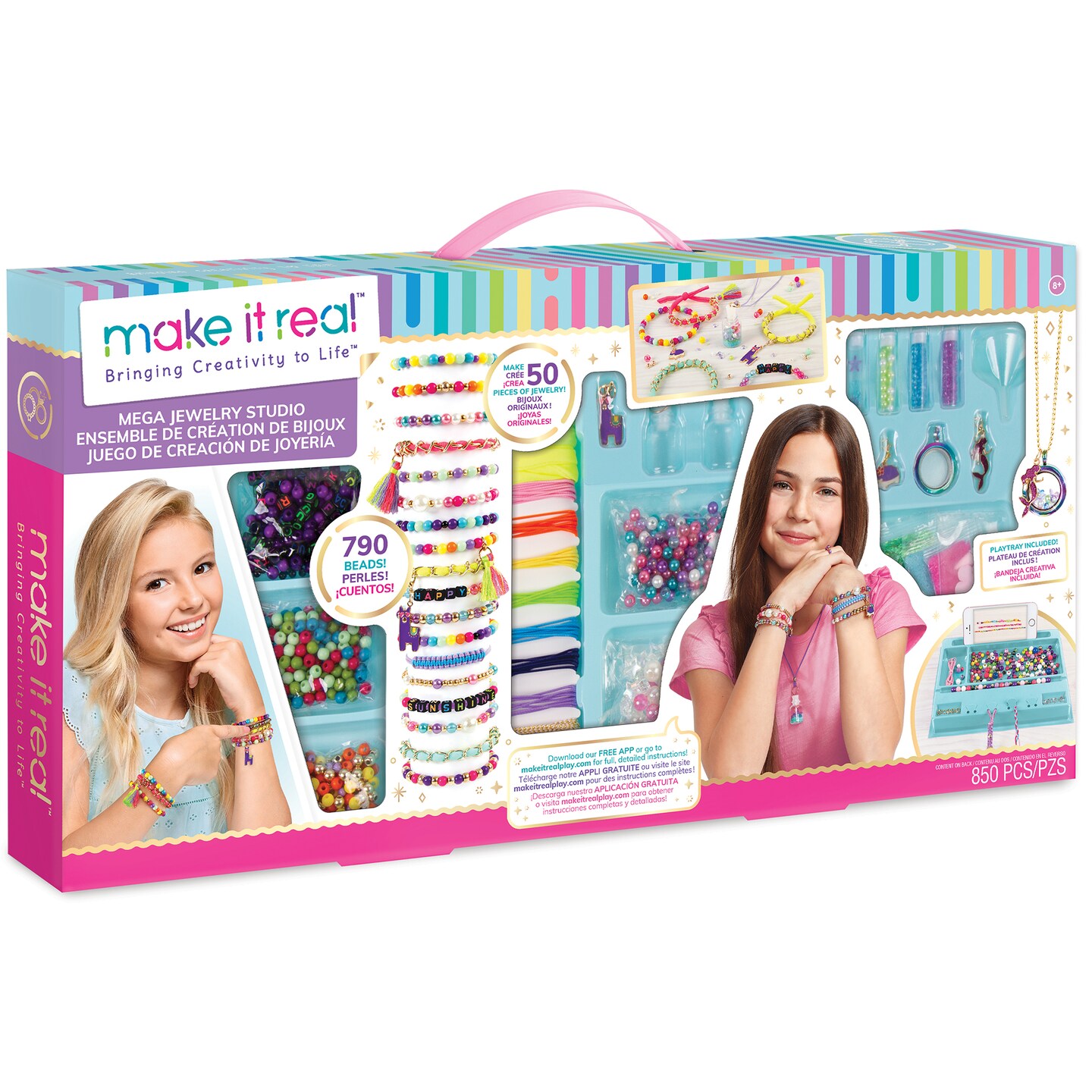 Make It Real: Mega Jewelry Studio Kit - Create 50 Pieces Of Jewelry, 850 Pieces, Make Unique Charm &#x26; Bead Jewelry, Includes Play Tray, All-In-One, DIY Jewelry Kit, Tweens &#x26; Girls, Arts &#x26; Crafts