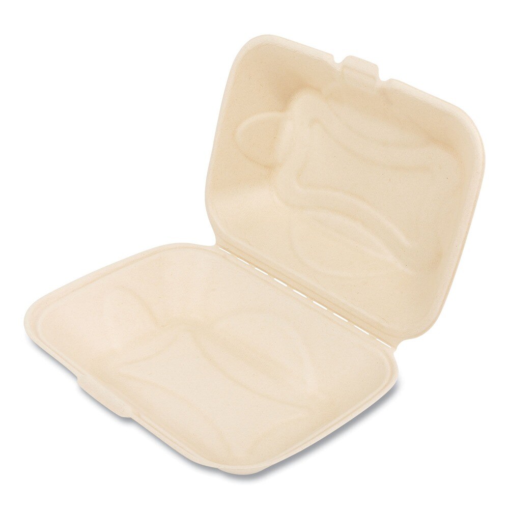 Boardwalk 6 in. x 3 in. x 9 in. Bagasse PFAS-Free Hinged Lid Food Containers - Tan (250/Carton)