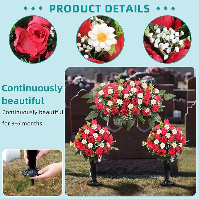 3Sets Cemetery Decorations for Grave Large Headstone Flower Saddle Grave Silk Flowers with Vases for Outdoor Grave Decoration(Red)