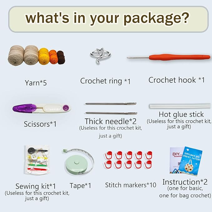 Crochet kit for Beginners Sunflower Tote Bag Granny Square Crochet Tote Bag with Step-by-Step Video Tutorials Knitting Kit Beginner Crochet Kit for Adults