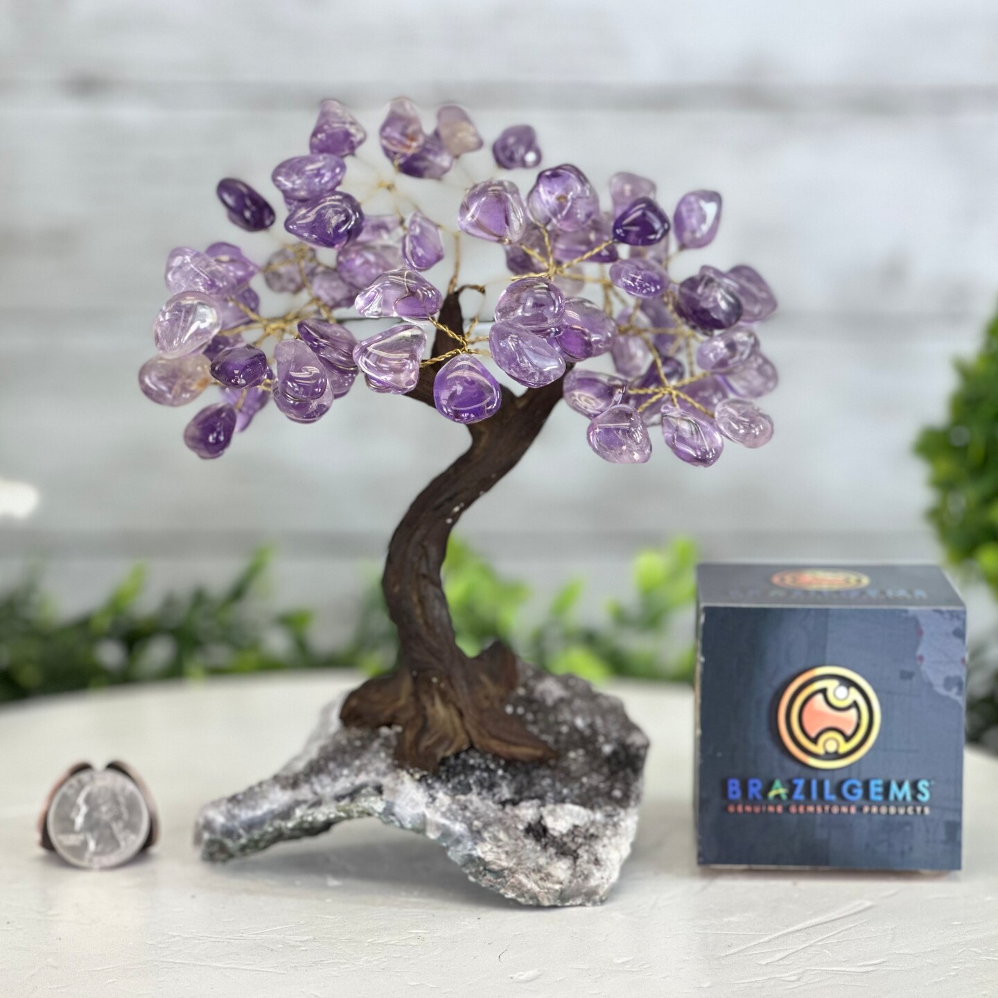 Amethyst 7 inches Tall Handmade Gemstone Tree on a Crystal base, 60 Gems 5402AMTH by Brazil Gems® product 5