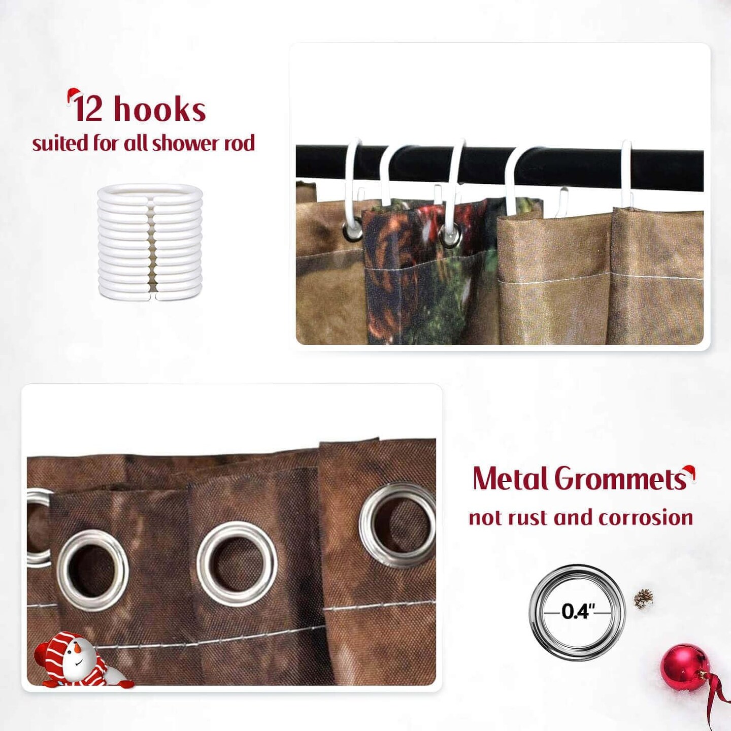 Fabric Christmas Shower Curtain, Red Christmas Shower Curtains for Bathroom, Winter Holiday Christmas Bathroom Decor, Xmas Tree Fireplace Pattern