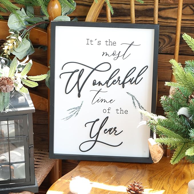 Framed It&#x27;s The Most Wonderful Time of The Year Wall Decor Farmhouse Christmas Wall Art 3D XMAS Holiday Decor 12x16 Inch Black